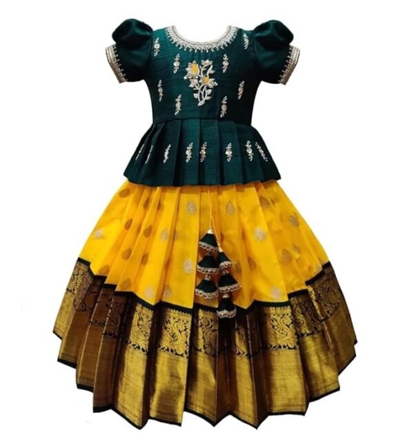 White Button Girls South Indian Pattu Pavadai | Traditional Jacquard Silk Lehenga Choli Set