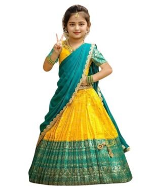 Sashay Boutique Girls Traditional Art Silk Embroidery Readymade Lehenga Choli with Chinnon Dupatta | Ethnic Wear Pattu Pavadai Set for Wedding & Festivals | Yellow & Green