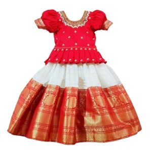 Wihte Button Readymade Baby Girl Jacquard Lehenga Choli | Elegant South Indian Pattu Pavadai Style